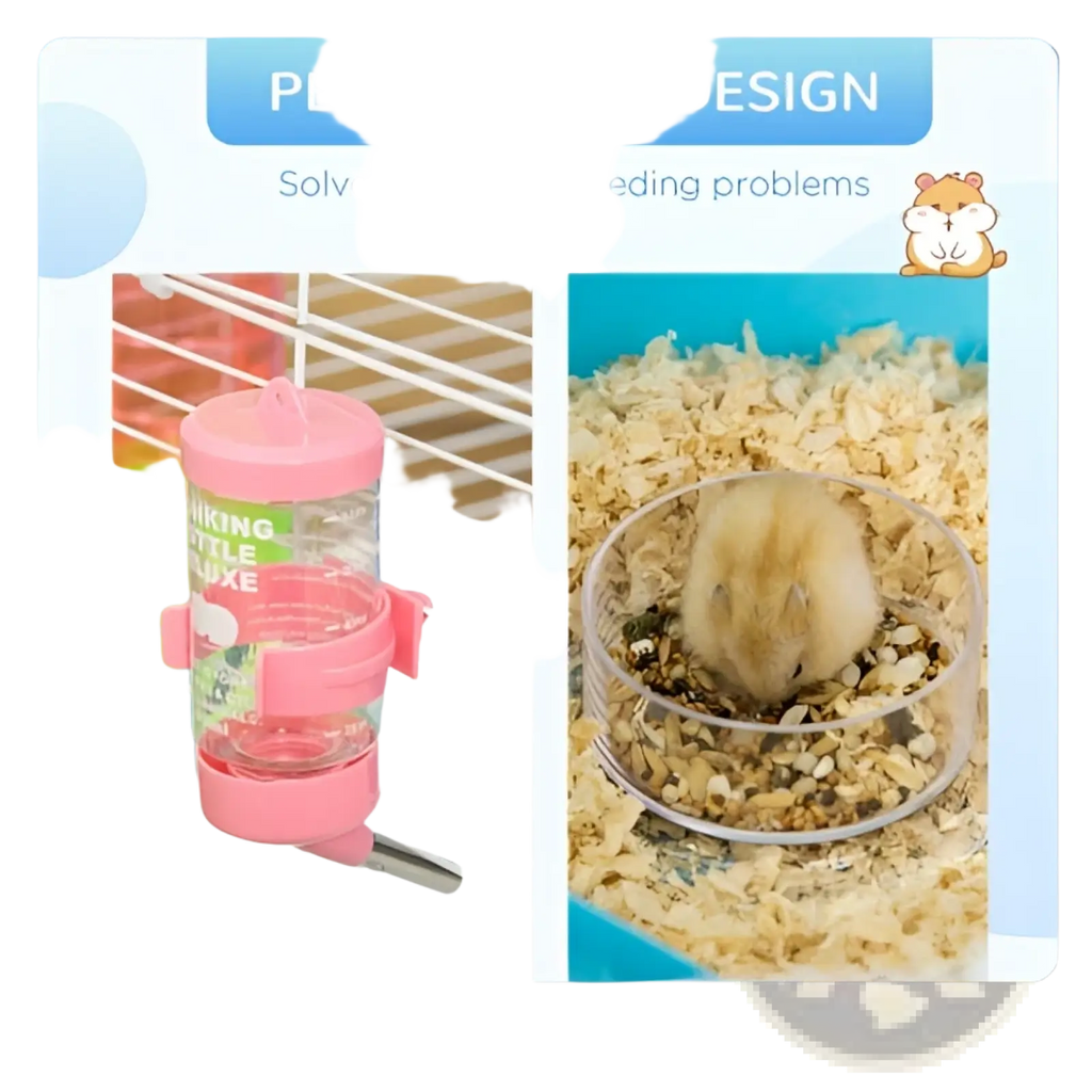 Pink plastic pet water bottle with clear glass reservoir and pink clip-on base for pawhut 5 tier hamster cage with tunnels