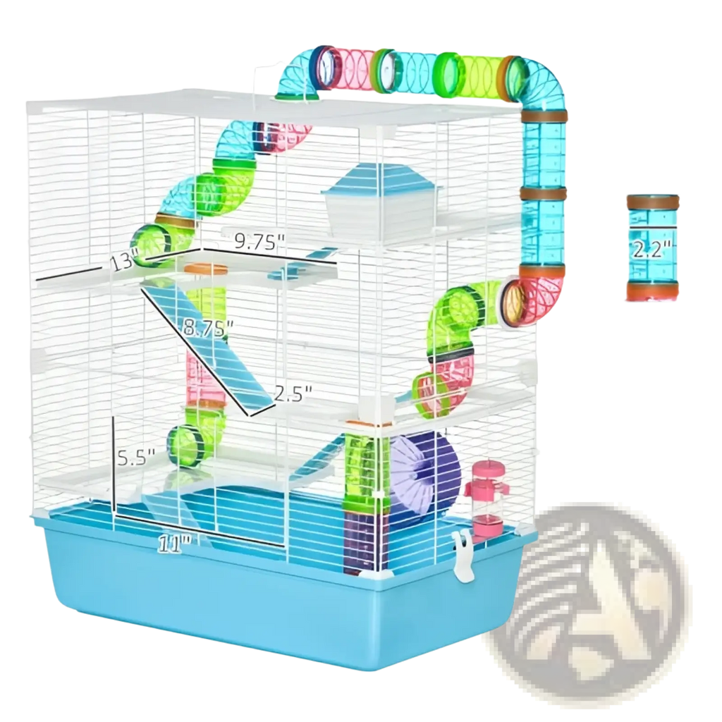 Pawhut 5 tier blue plastic hamster cage with colorful transparent tunnels and purple exercise wheel for small pets