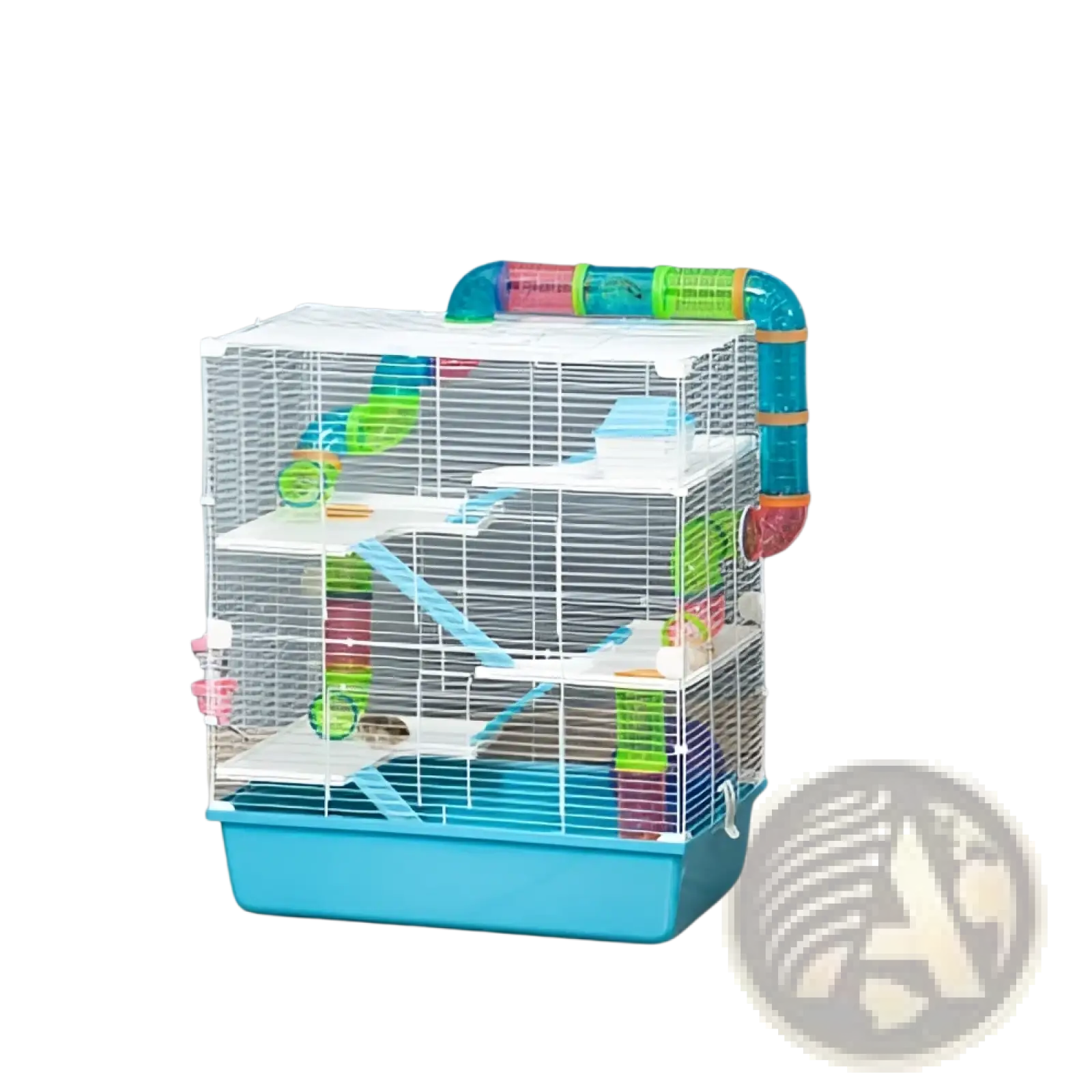 Pawhut 5 tier hamster cage with tunnels featuring a white metal frame blue base and colorful plastic tunnel tubes