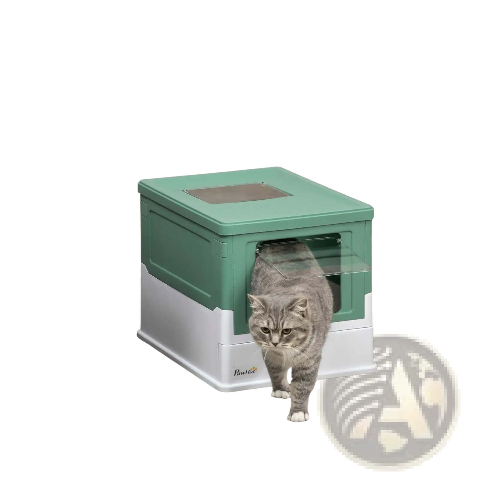 Pawhut enclosed cat litter box in mint green and white with a clear front panel and included scoop for easy cleaning