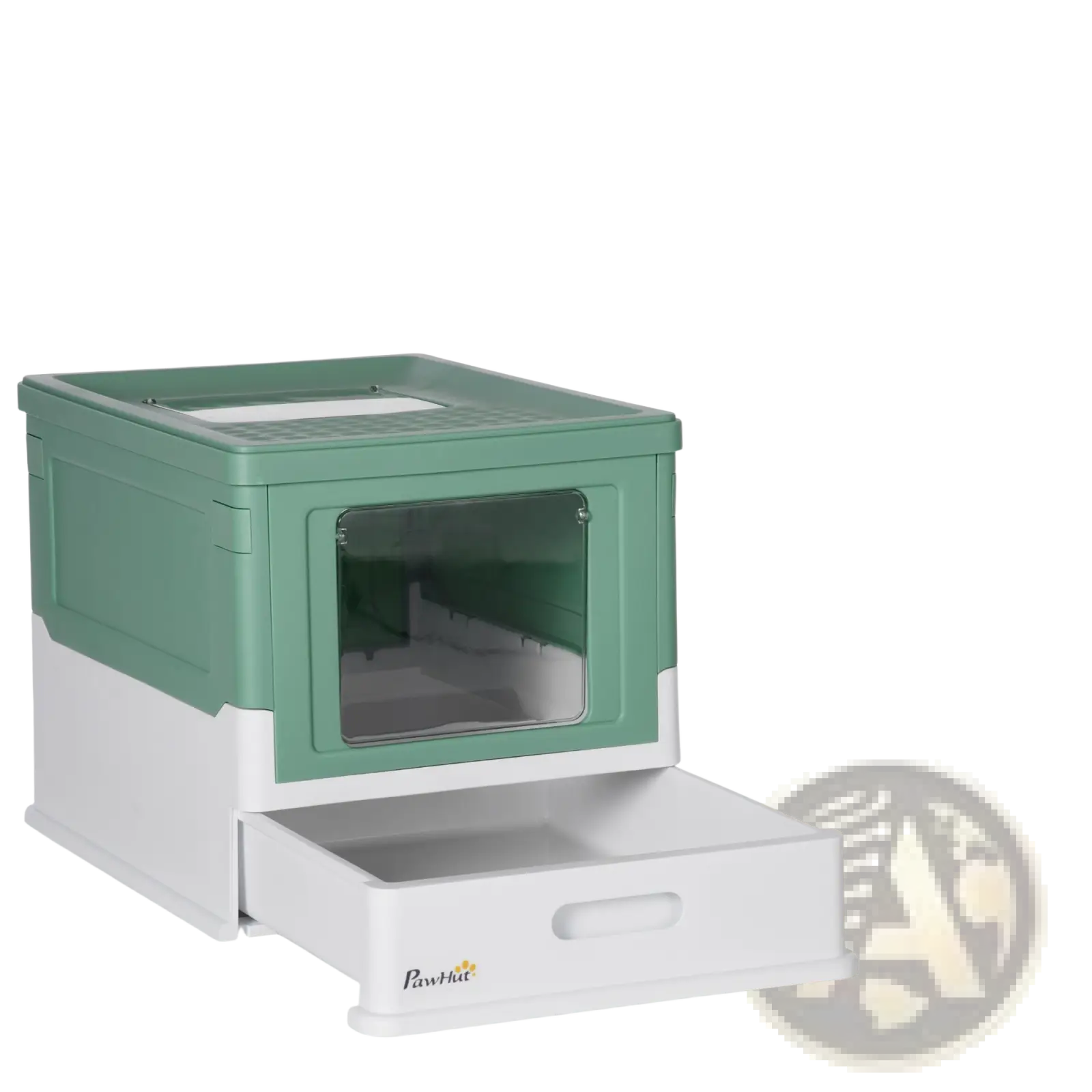 Pawhut enclosed cat litter box made of two-tone green and white plastic with a transparent front panel and scoop