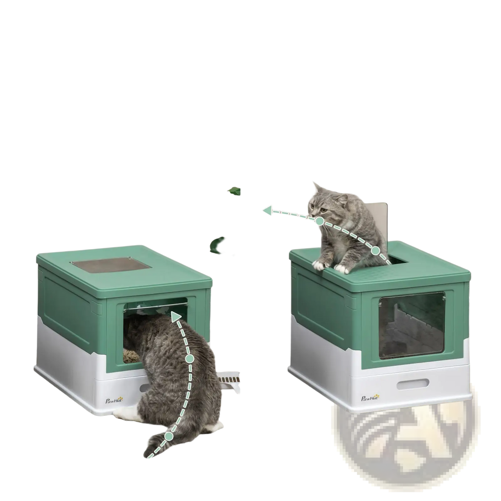 Teal and white dual-layer Pawhut enclosed cat litter box with clear side window and included scoop for easy cleaning