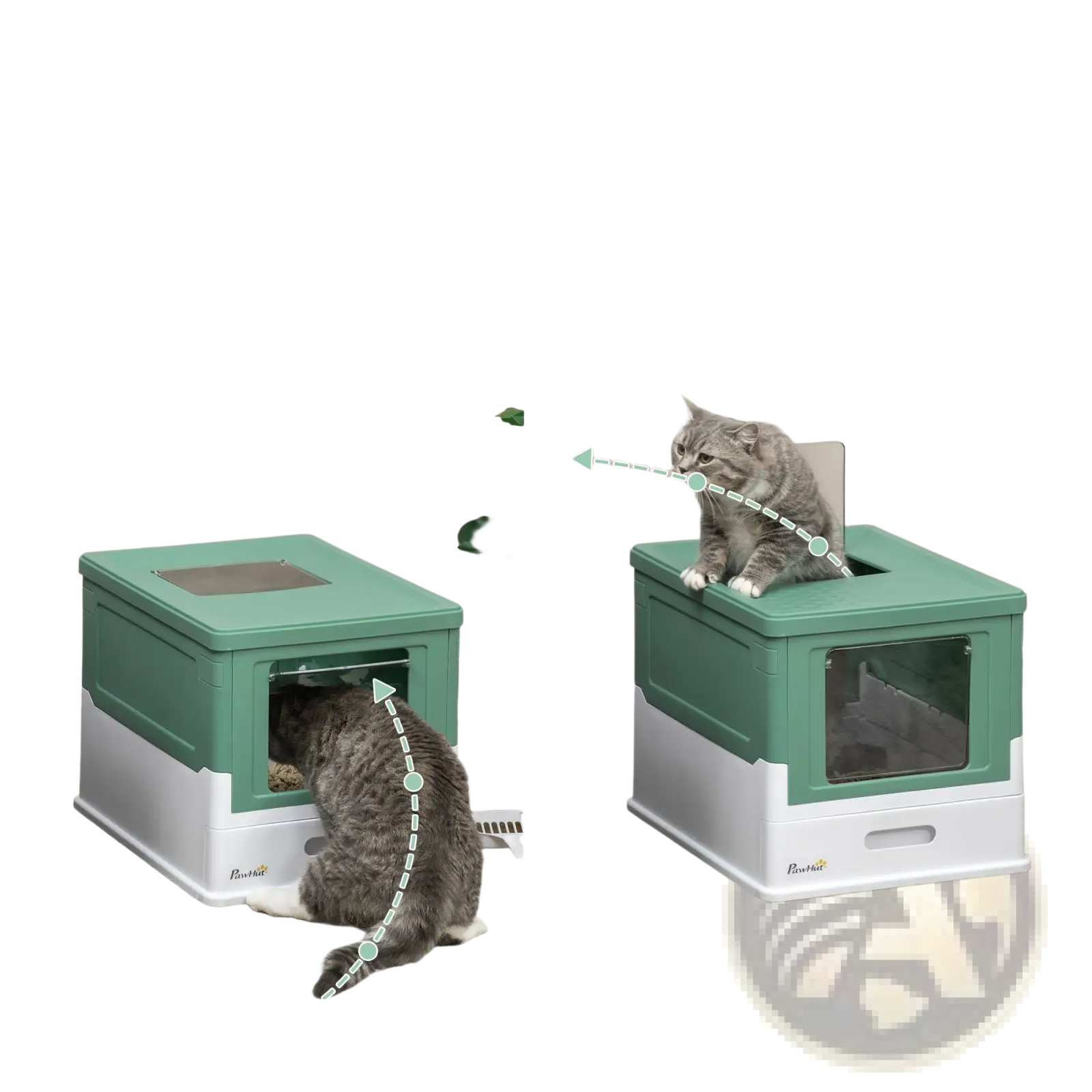 Teal and white dual-layer Pawhut enclosed cat litter box with clear side window and included scoop for easy cleaning