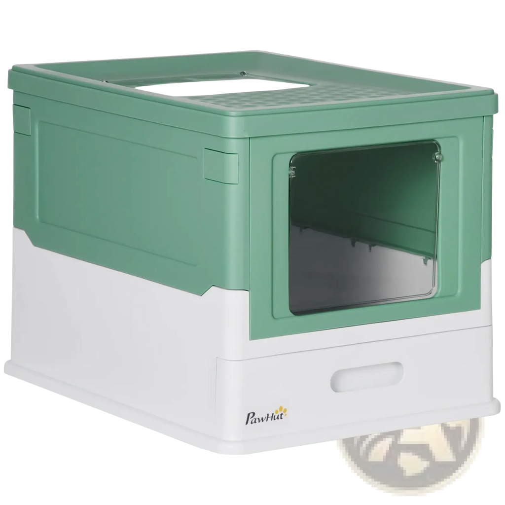 Pawhut enclosed cat litter box in two-tone green and white plastic with a clear glass window on the front