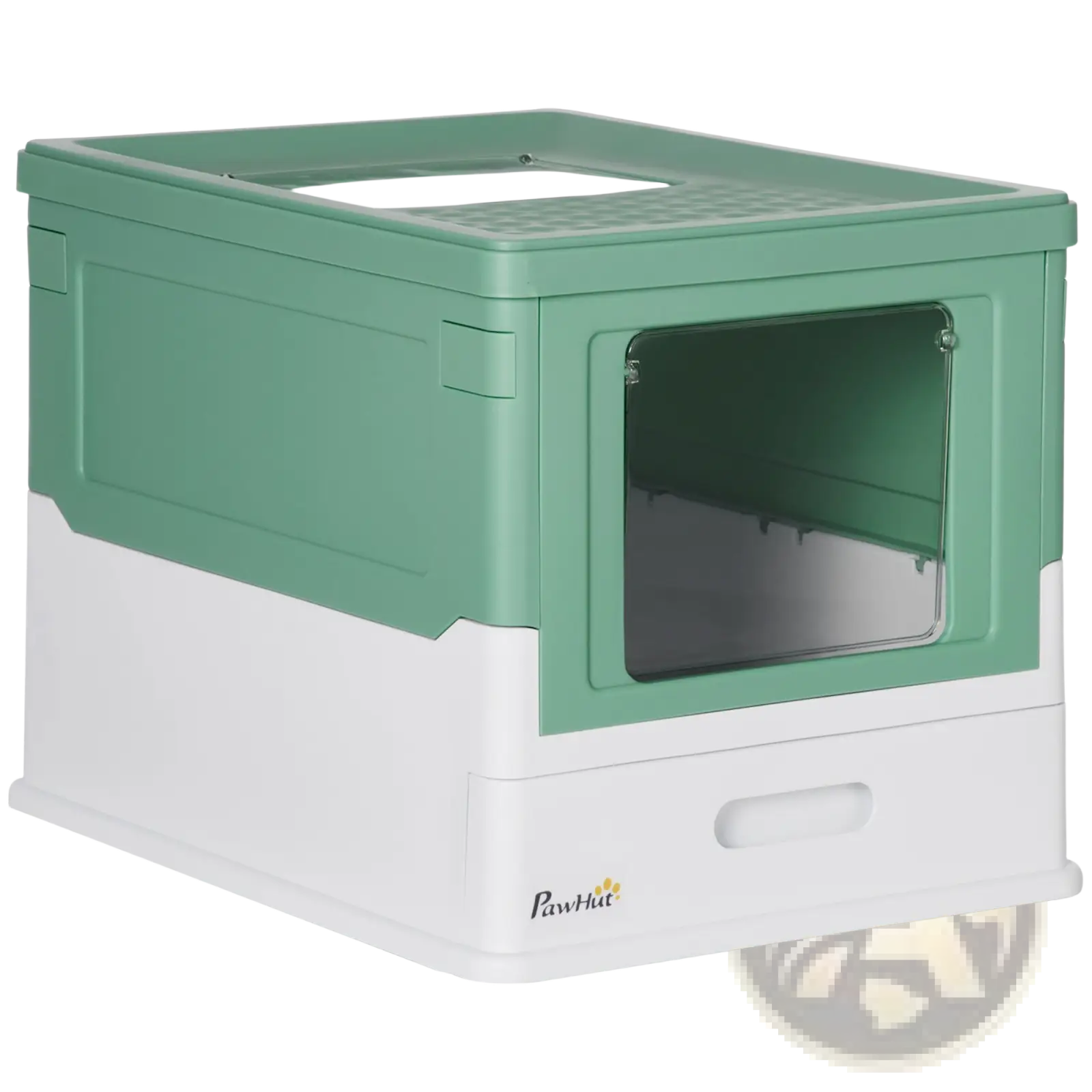 Pawhut enclosed cat litter box in two-tone green and white plastic with a clear glass window on the front
