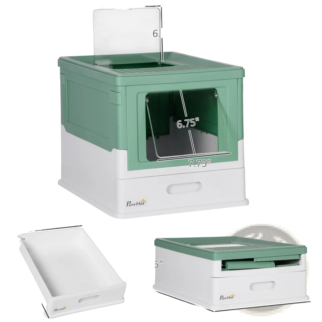 Pawhut enclosed cat litter box in two-toned green and white with a clear front panel and collapsible design