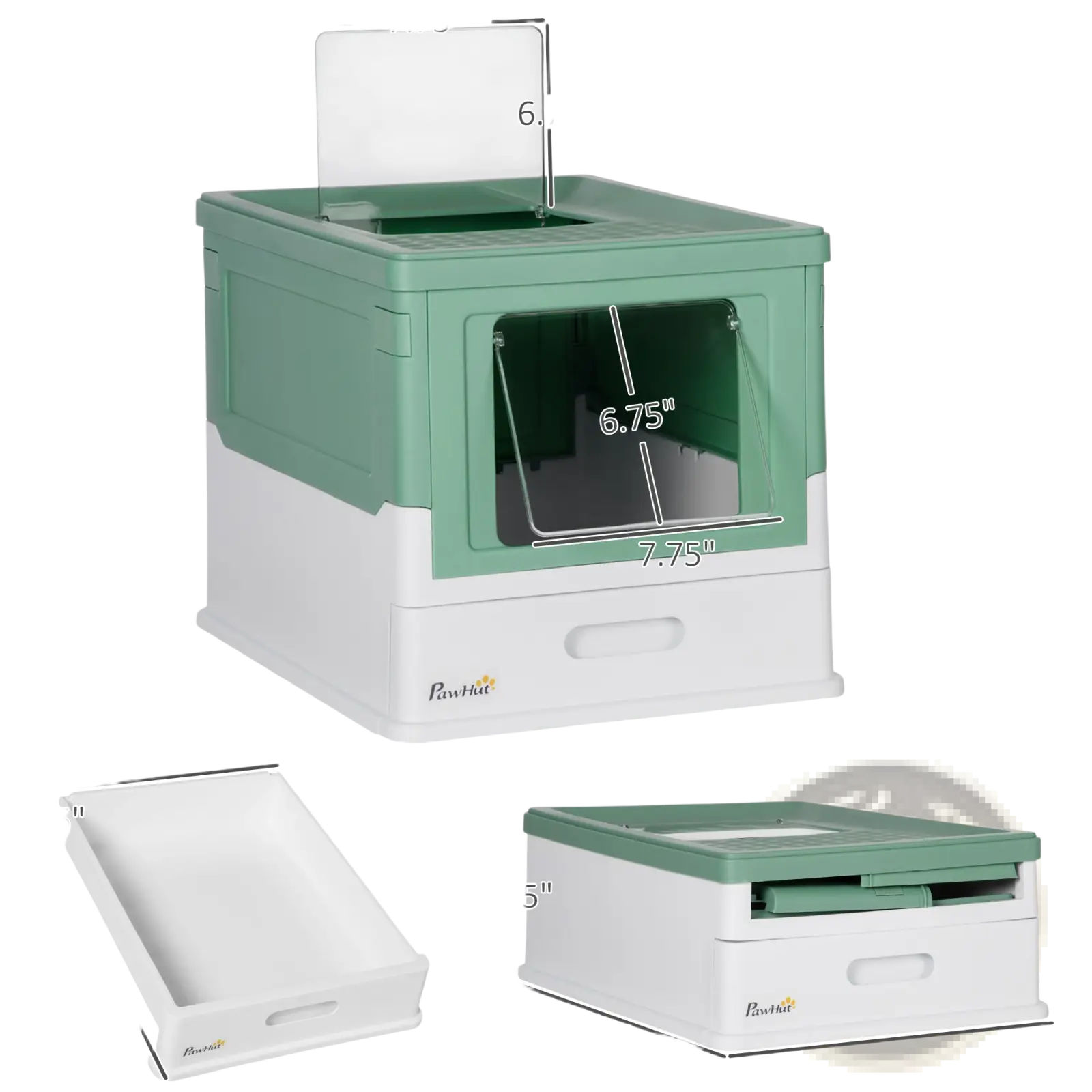 Pawhut enclosed cat litter box in two-toned green and white with a clear front panel and collapsible design