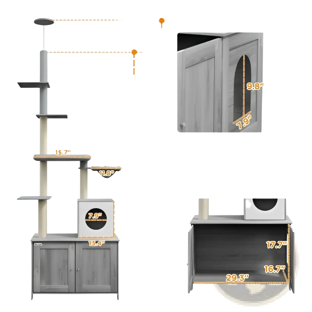 Gray wooden pawhut floor to ceiling cat tree with multiple platforms and built in litter box enclosure