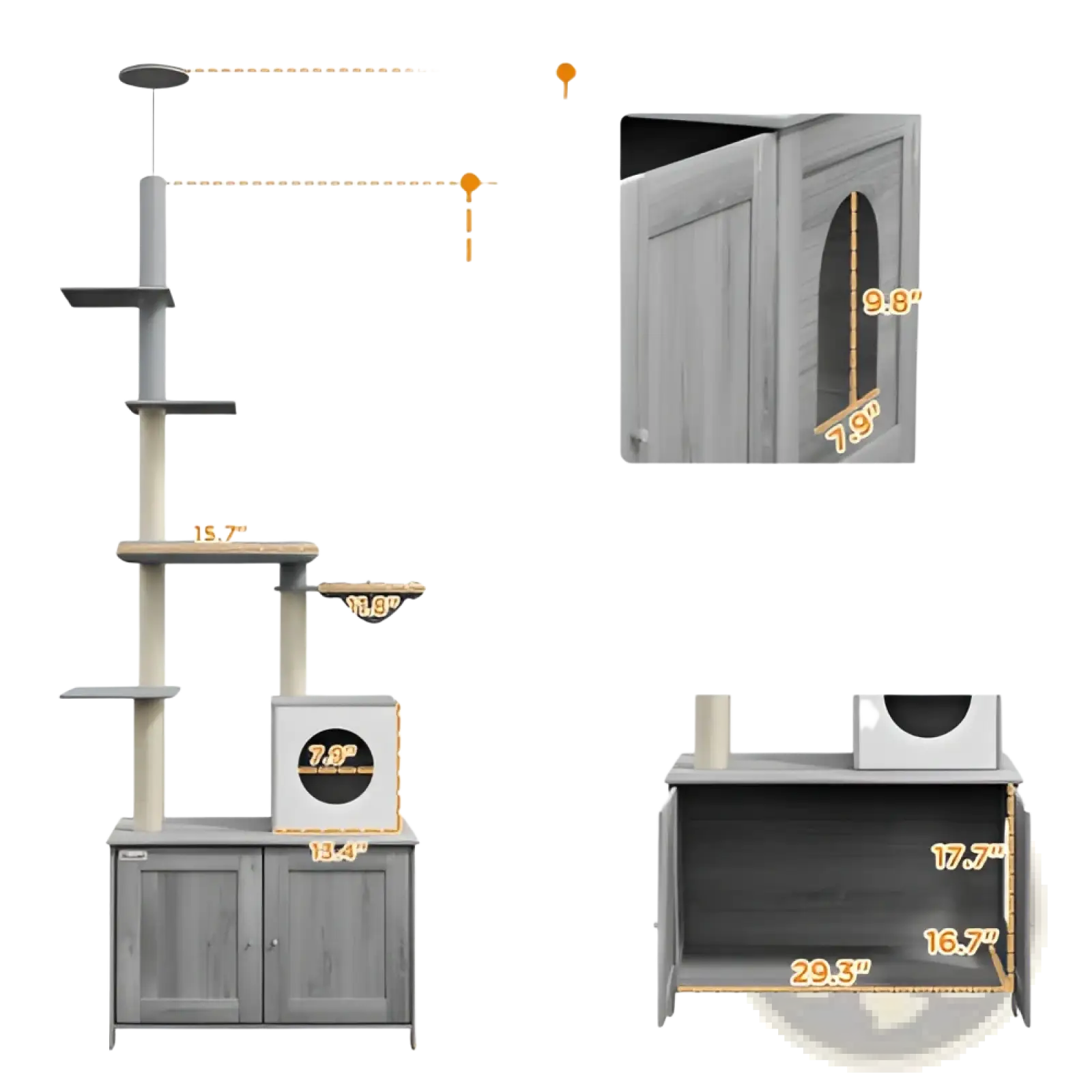 Gray wooden pawhut floor to ceiling cat tree with multiple platforms and built in litter box enclosure