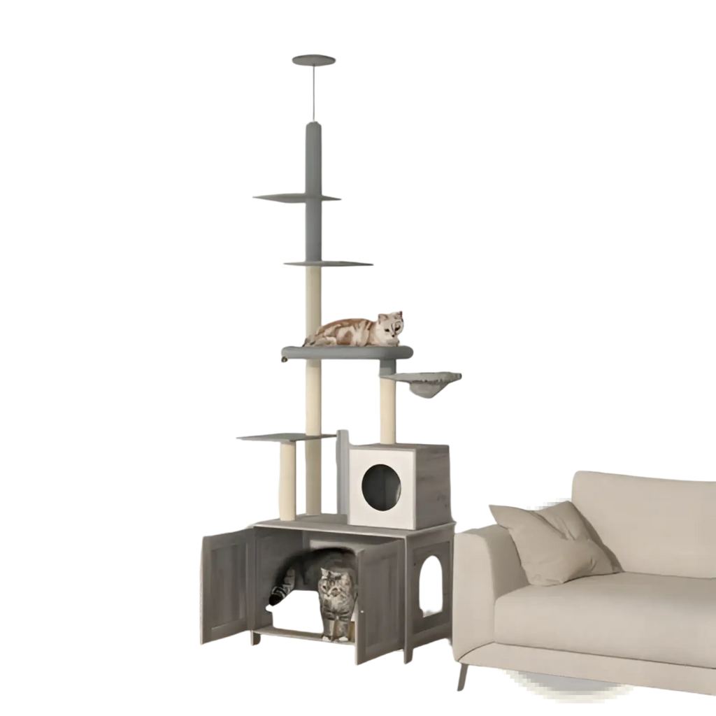 Gray pawhut floor to ceiling cat tree with litter box enclosure featuring scratching posts platforms and cozy hideaway