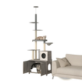 Gray pawhut floor to ceiling cat tree with litter box enclosure featuring scratching posts platforms and cozy hideaway