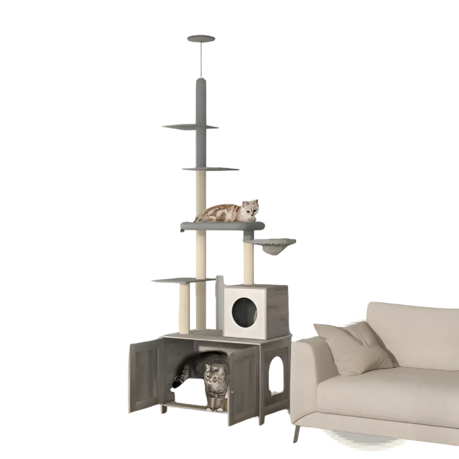 Gray pawhut floor to ceiling cat tree with litter box enclosure featuring scratching posts platforms and cozy hideaway