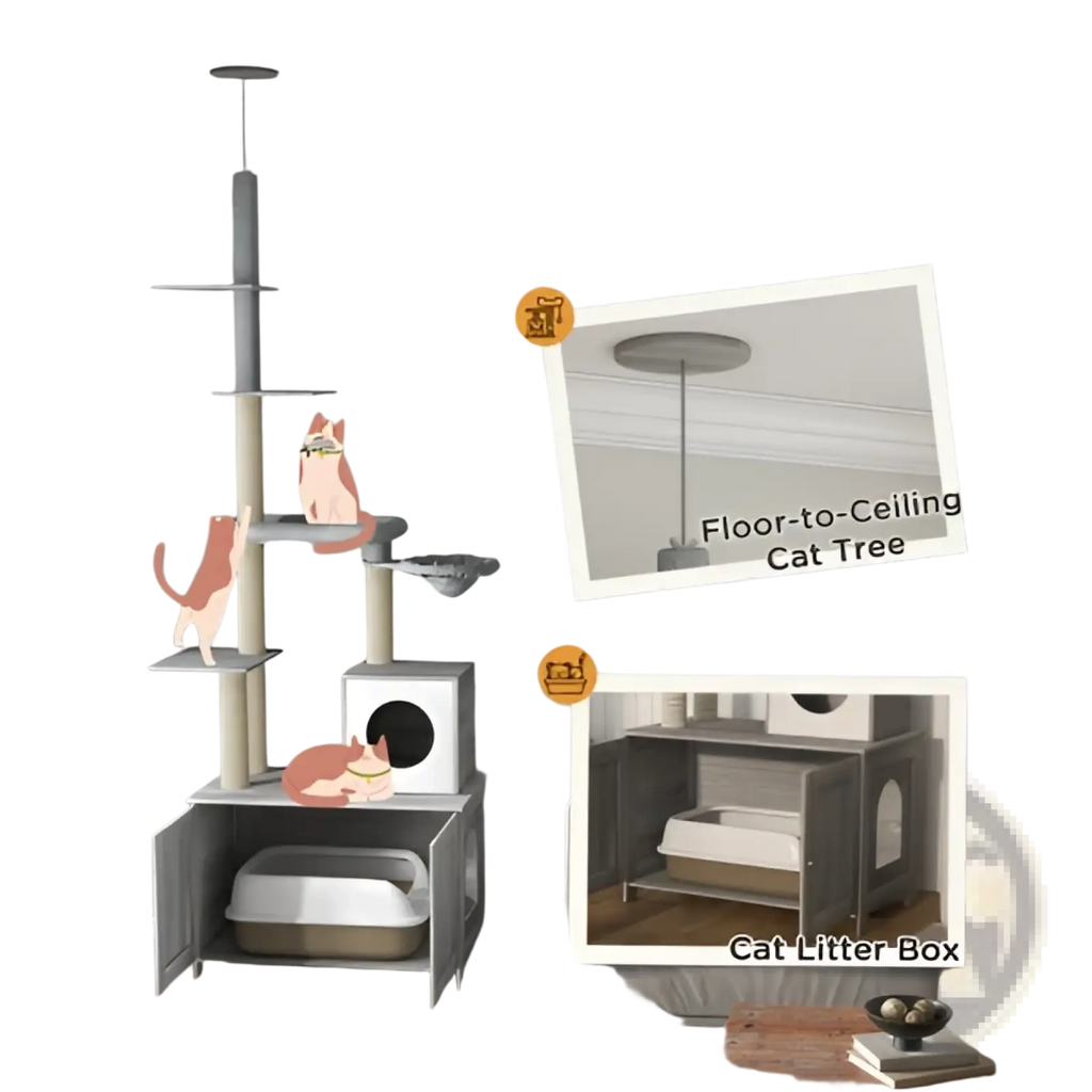 Gray multi-level Pawhut cat tree with integrated litter box enclosure and scratching posts for indoor cats