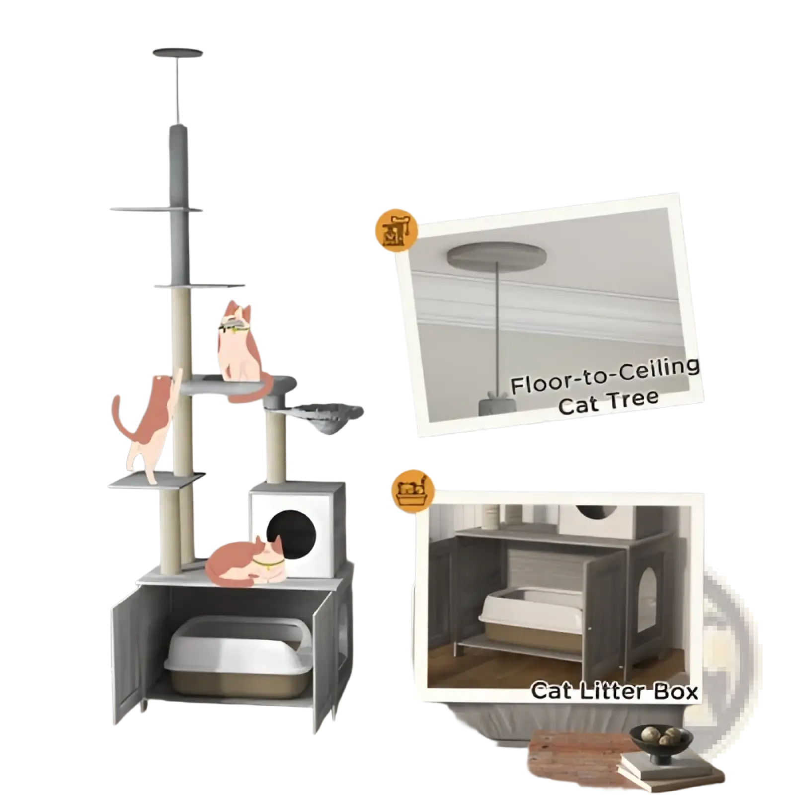 Gray multi-level Pawhut cat tree with integrated litter box enclosure and scratching posts for indoor cats