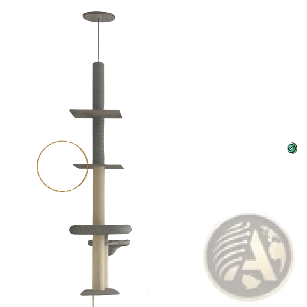 Gray sisal Pawhut floor to ceiling cat tree with wooden platforms and hanging anti-tip device shown from the back side