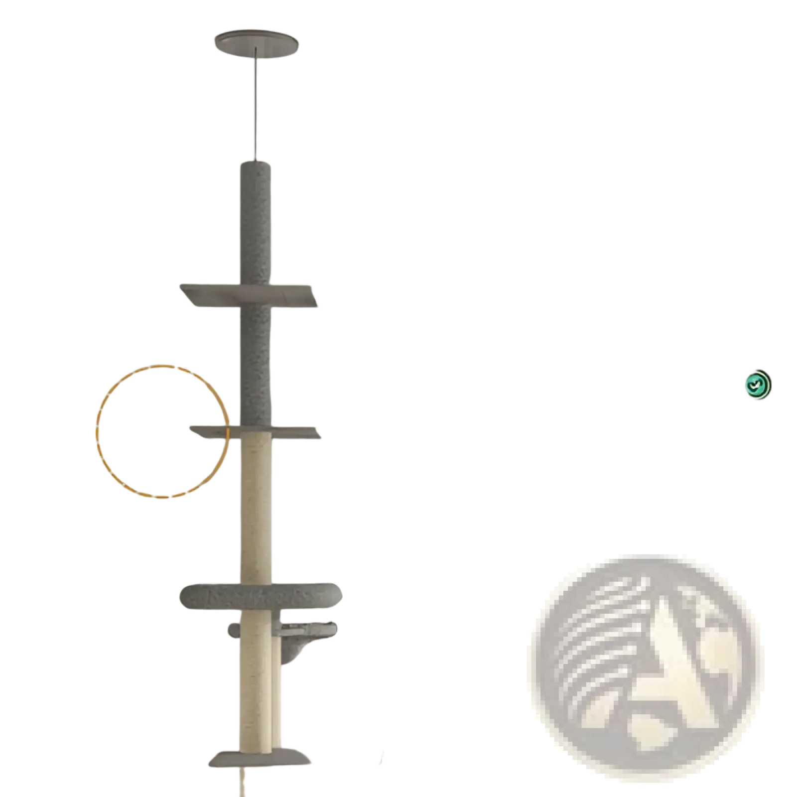 Gray sisal Pawhut floor to ceiling cat tree with wooden platforms and hanging anti-tip device shown from the back side