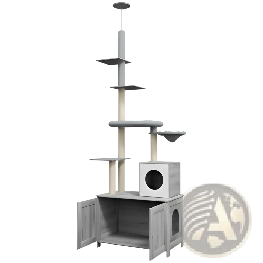 Gray wooden pawhut floor to ceiling cat tree with multiple platforms scratching posts and litter box enclosure