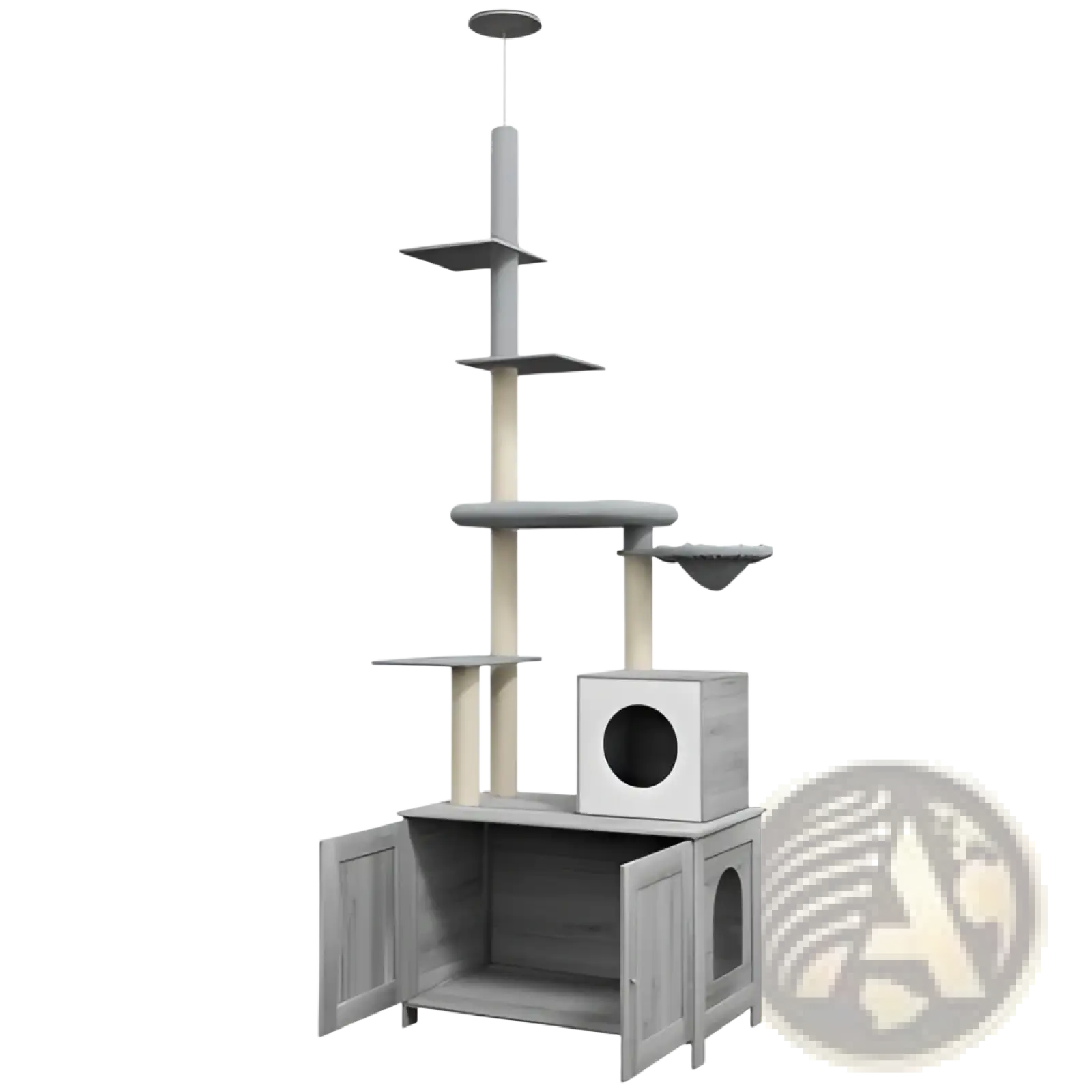 Gray wooden pawhut floor to ceiling cat tree with multiple platforms scratching posts and litter box enclosure