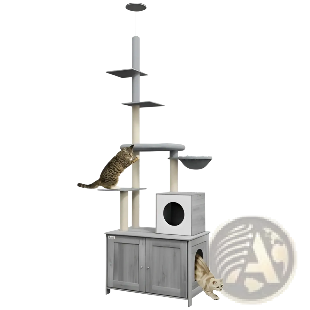 Gray multi-level Pawhut floor to ceiling cat tree with scratching posts, platforms, and built-in litter box enclosure cabinet