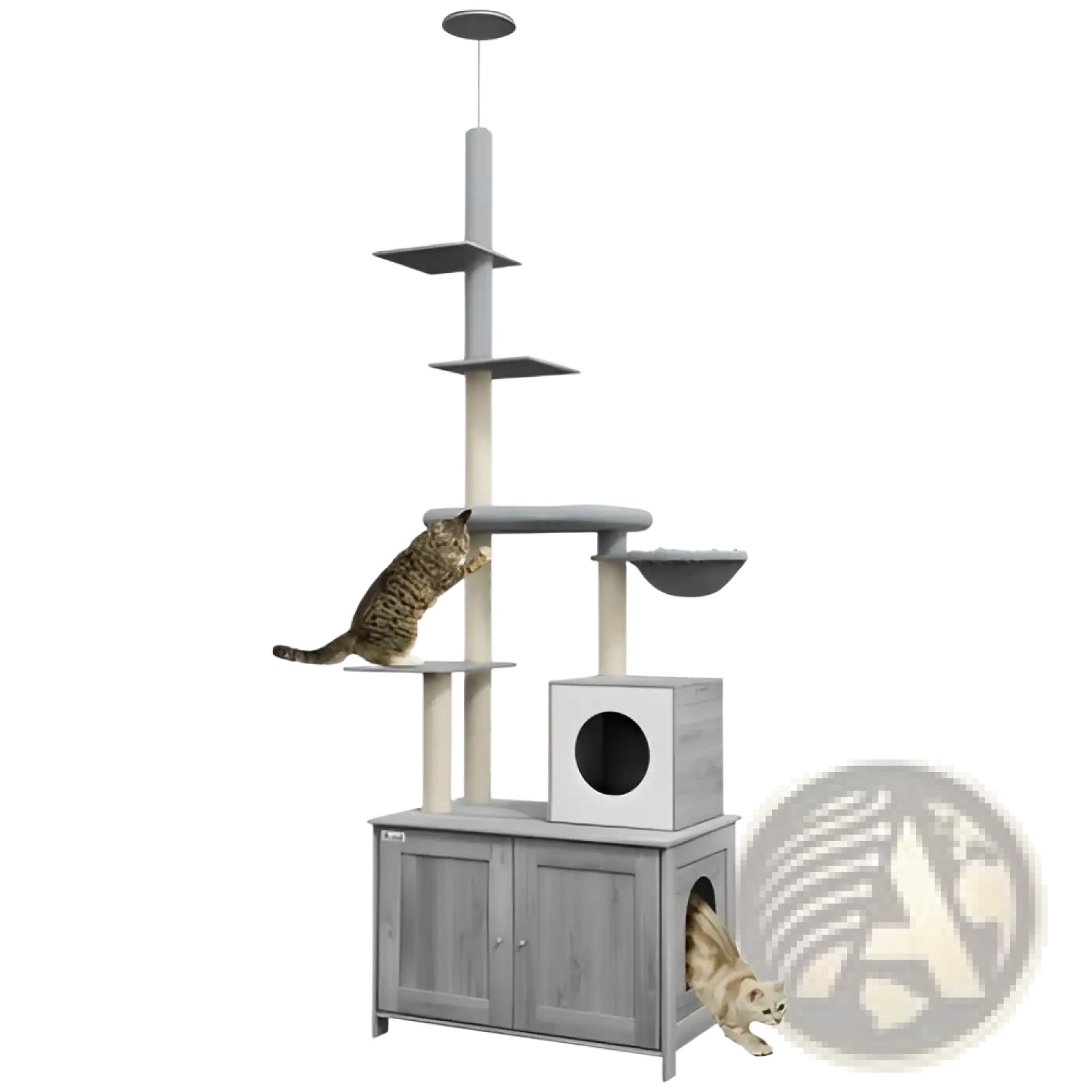 Gray multi-level Pawhut floor to ceiling cat tree with scratching posts, platforms, and built-in litter box enclosure cabinet