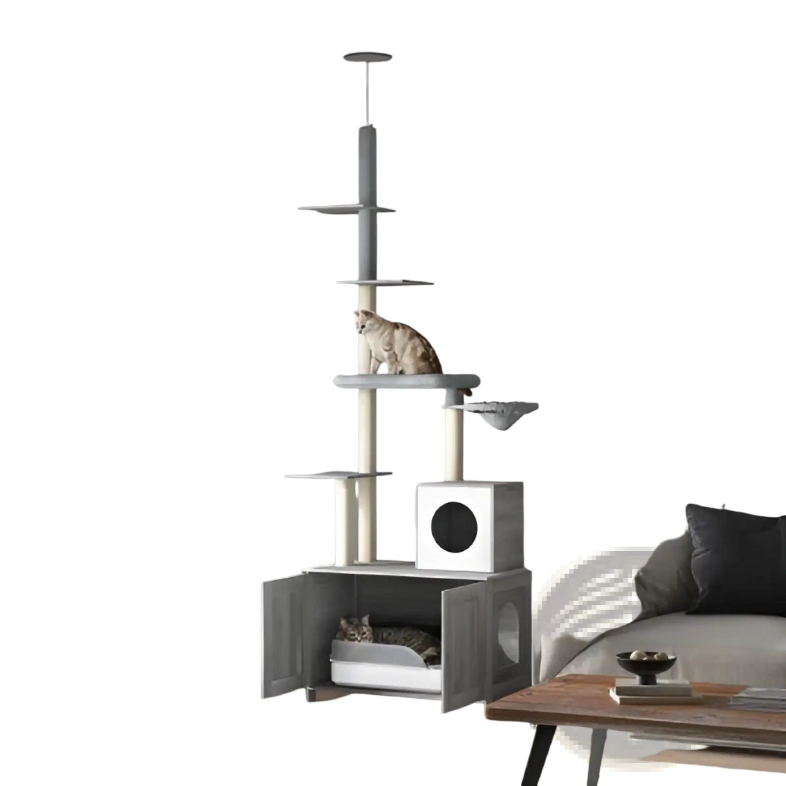 Gray Pawhut floor to ceiling cat tree with litter box enclosure featuring platforms, scratching post, and hideaway compartment