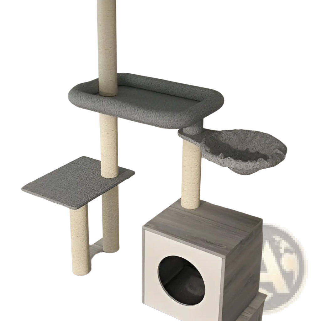 Pawhut floor to ceiling gray cat tree with sisal scratching posts and cushioned platforms with litter box enclosure