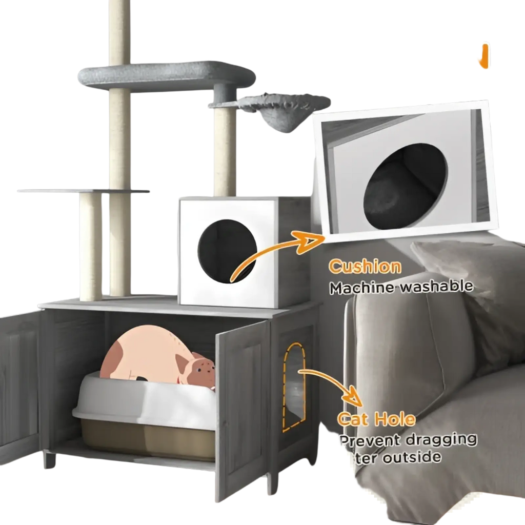 Gray multi-level Pawhut floor to ceiling cat tree with white cube cushion and gray litter box enclosure for cats
