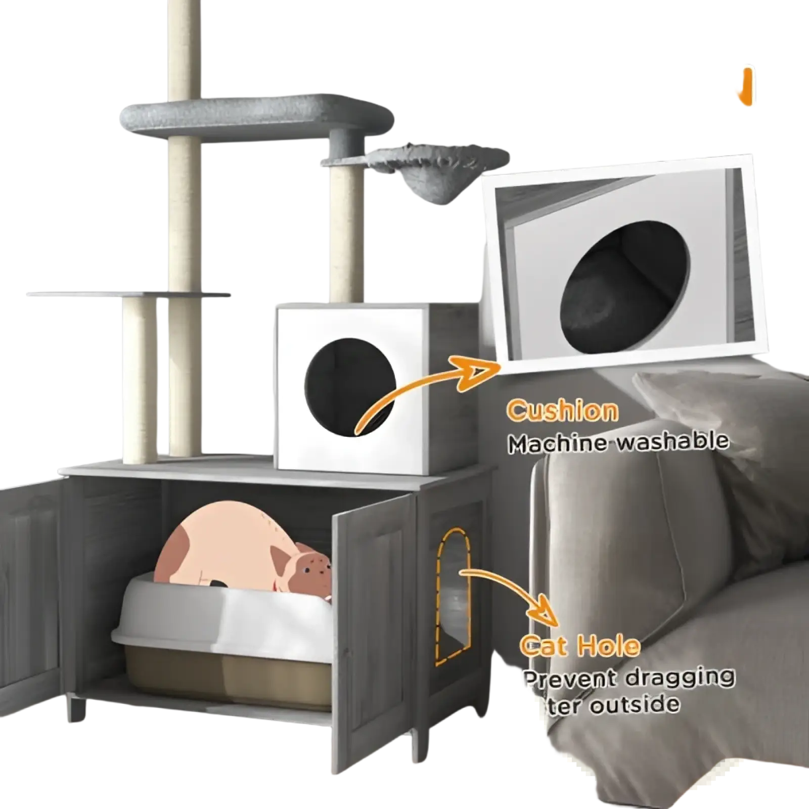 Gray multi-level Pawhut floor to ceiling cat tree with white cube cushion and gray litter box enclosure for cats