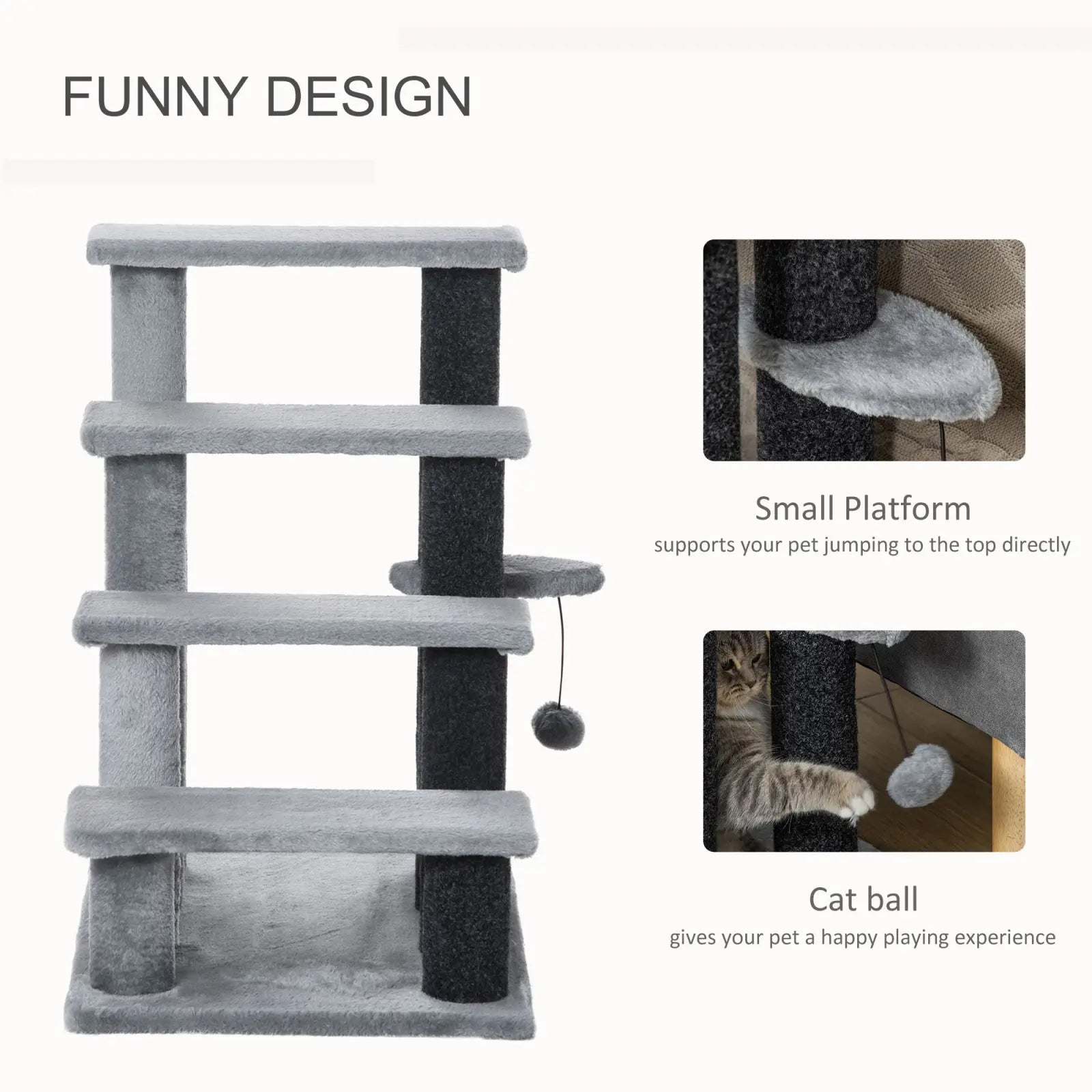 Pawhut gray four step cat tree with plush platforms and black scratching posts for multi-level cat play and rest