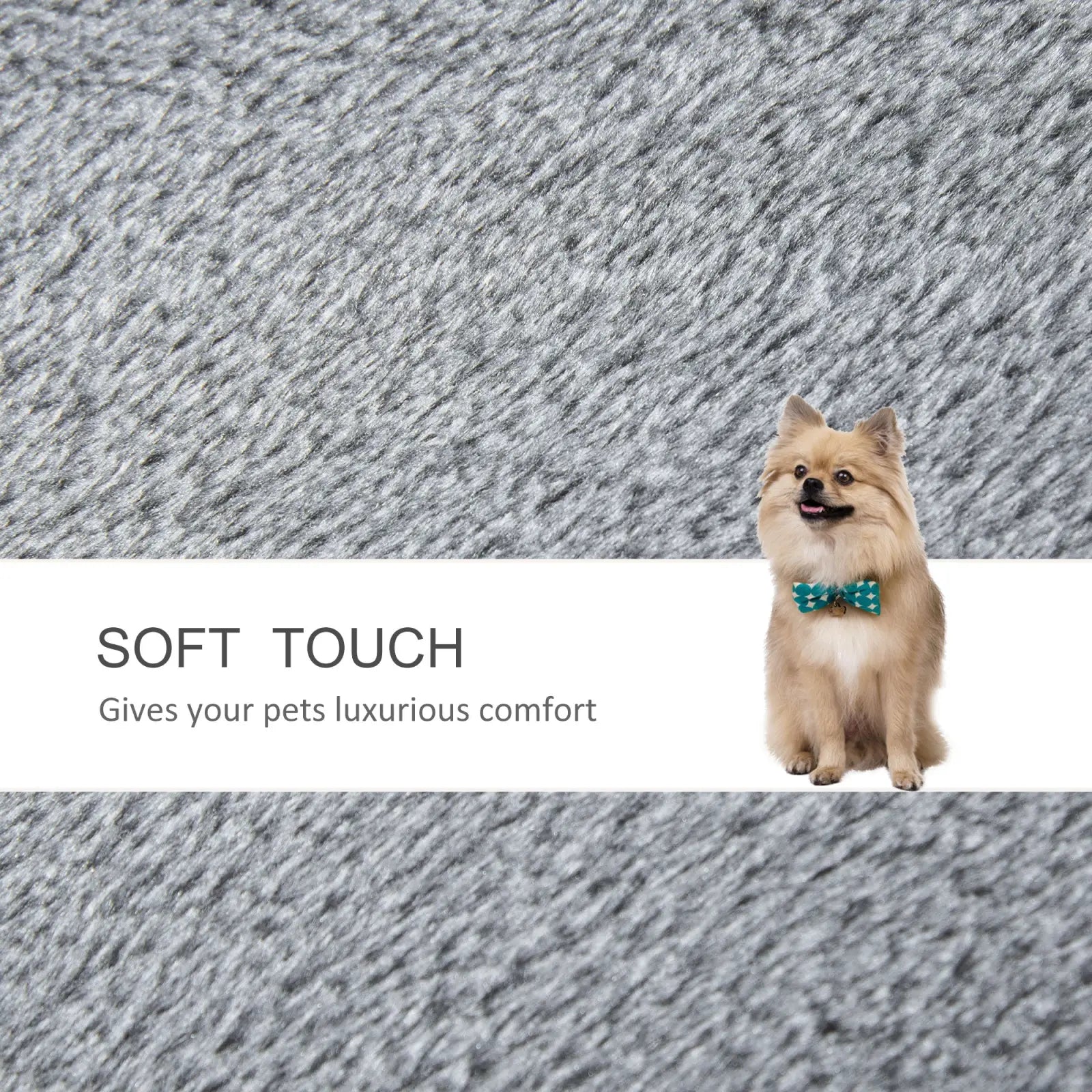 A fluffy tan pomeranian with teal bow tie sits on textured gray fabric of Pawhut gray four step cat tree with scratching posts