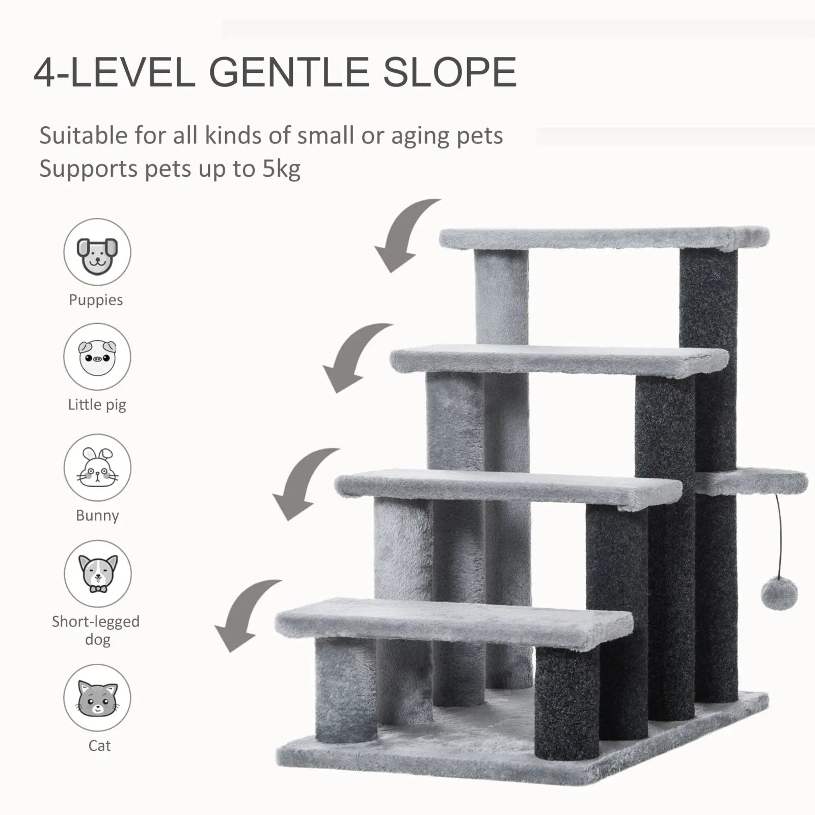 Pawhut gray four step cat tree with scratching posts features gray and black soft carpeted platforms and gentle slope design