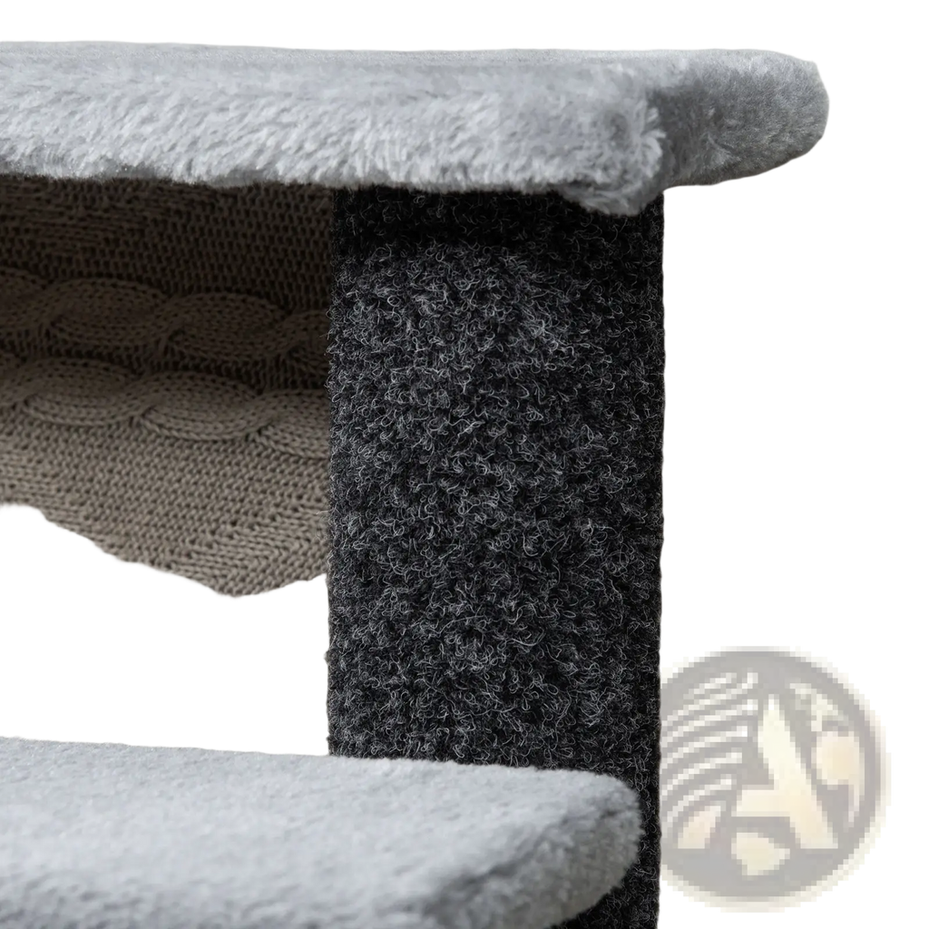 Pawhut gray four step cat tree with textured dark gray scratching posts and soft fuzzy plush platforms