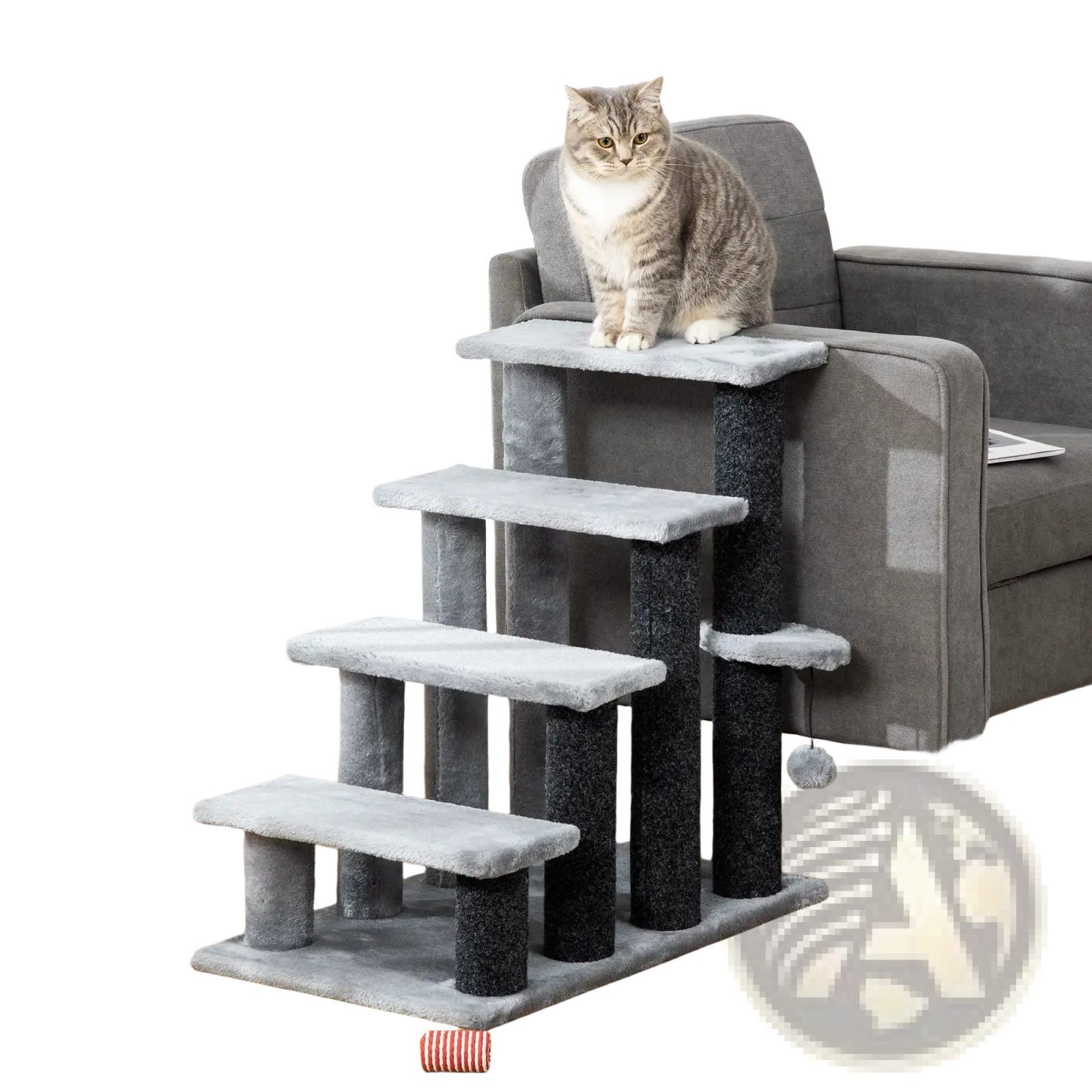 Pawhut gray four step cat tree with soft carpeted steps and durable scratching posts for cats to climb and scratch