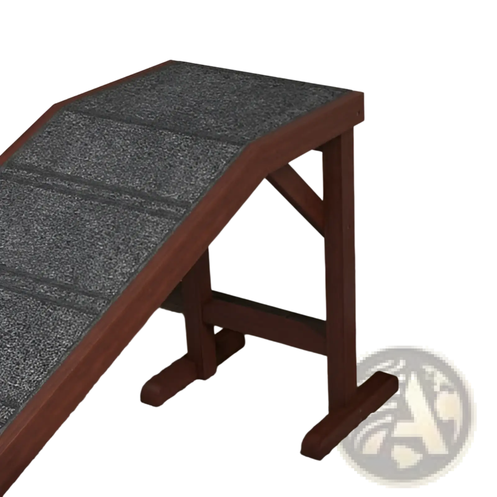 Dark brown wooden Pawhut dog ramp with textured gray nonslip carpet for bed access