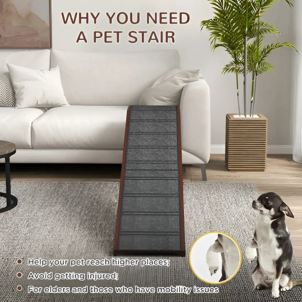 Gray textured pet stair with wooden frame and nonslip carpet for Pawhut wooden dog ramp for bed use