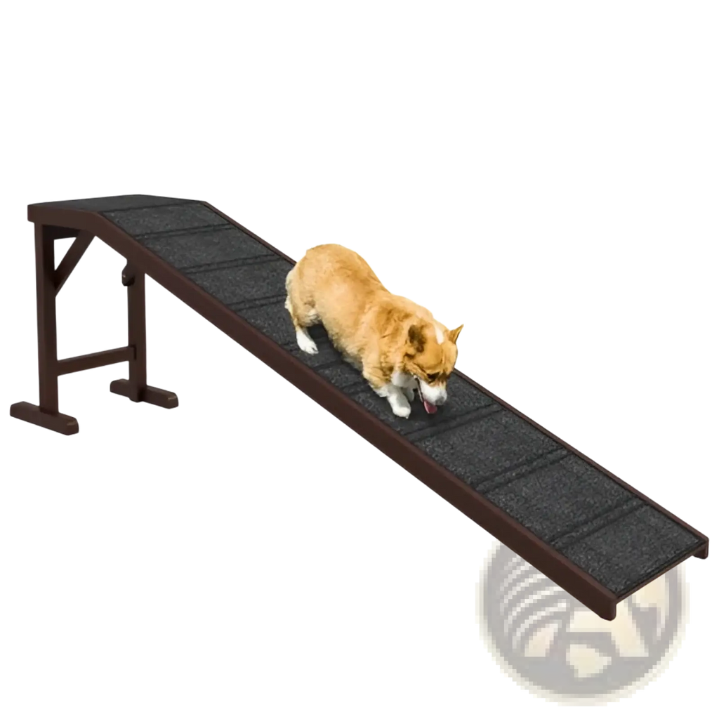 Brown wooden pawhut dog ramp for bed featuring a textured black nonslip carpet surface for secure use