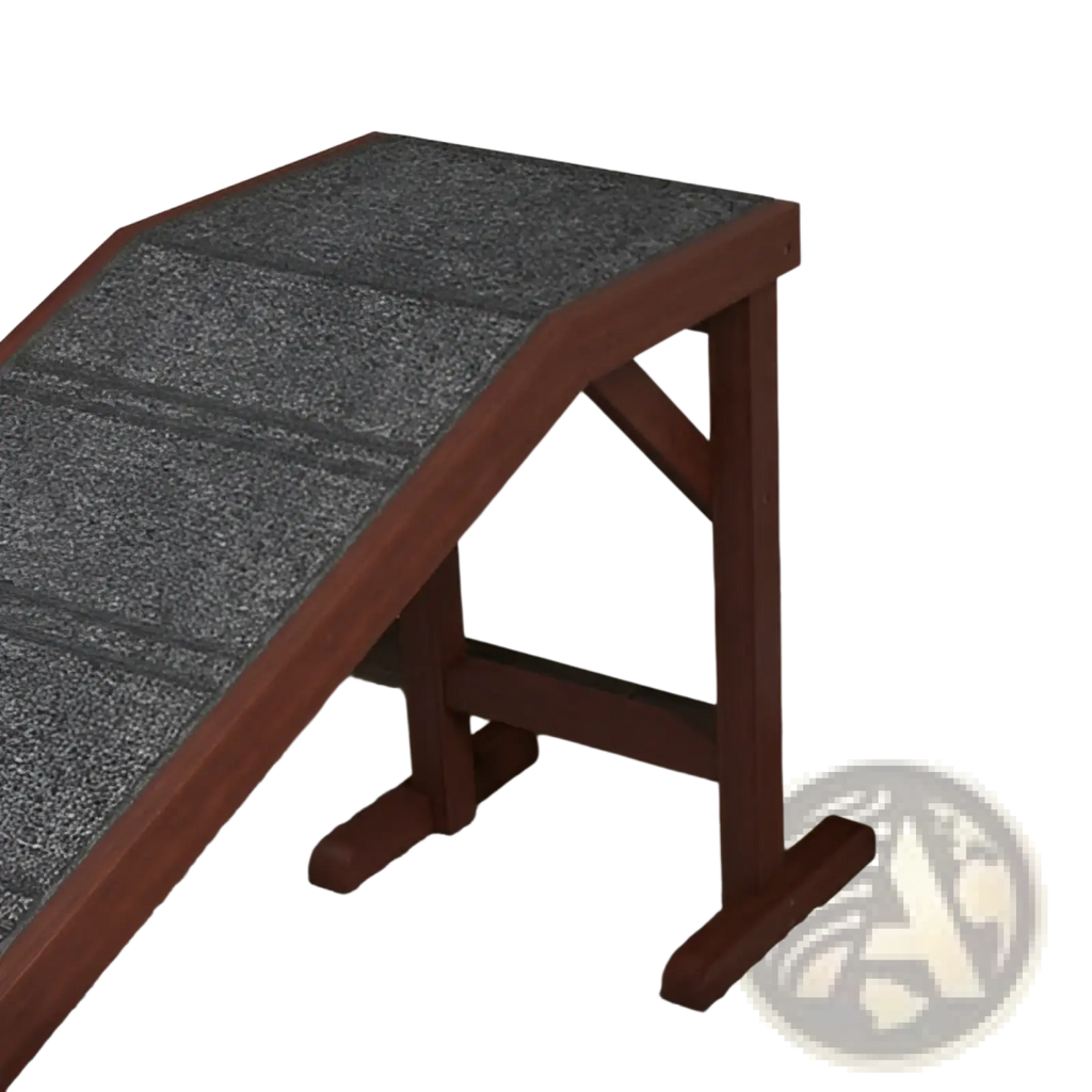 Dark brown wooden pawhut dog ramp with textured gray nonslip carpeted surface for pet safety and comfort