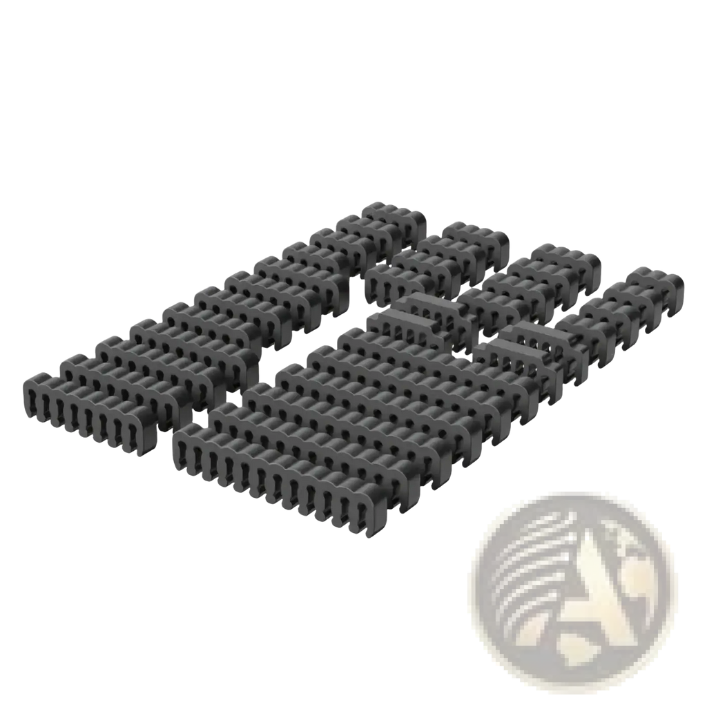 Black plastic cable management clips arranged in rows for pc cable comb set acrylic wire management tool