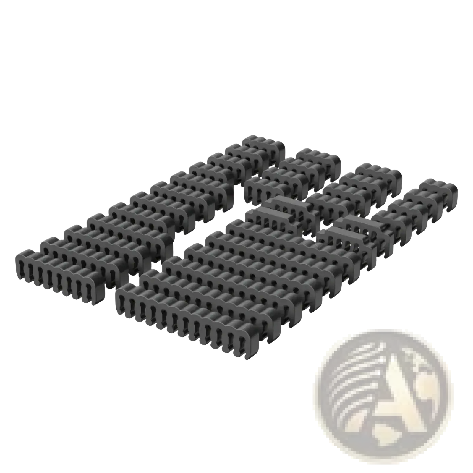 Black plastic cable management clips arranged in rows for pc cable comb set acrylic wire management tool