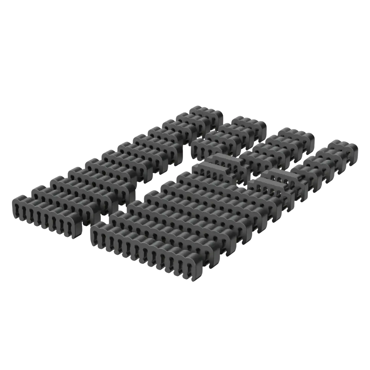 Black plastic cable management clips arranged in rows for pc cable comb set acrylic wire management tool