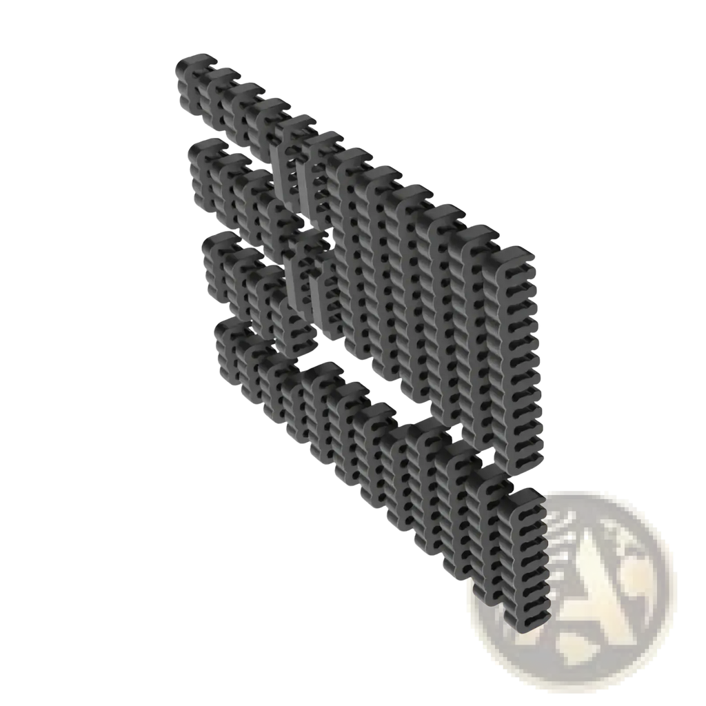 Black plastic interlocking modular wall panel system shown as part of pc cable comb set acrylic wire management tool