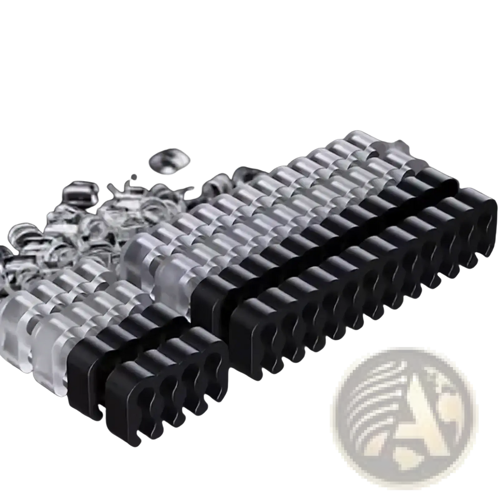 Pc cable comb set featuring black and transparent acrylic clips arranged in neat rows for wire management