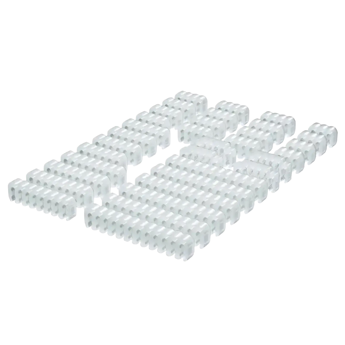Transparent plastic cable ties arranged in a grid pattern for acrylic pc cable comb wire management tool