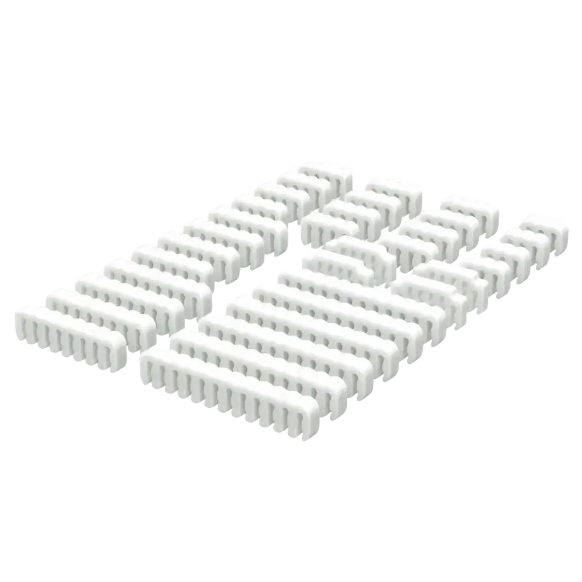 White acrylic pc cable comb set pieces arranged in rows for organized wire management and cable tidying