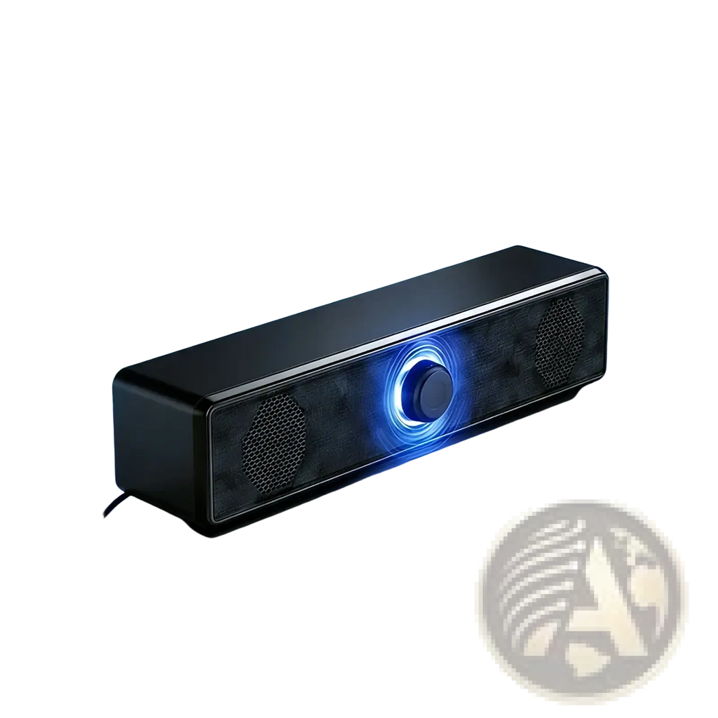 Black rectangular pc soundbar bluetooth wireless usb desktop speaker with central glowing blue control knob and mesh speakers