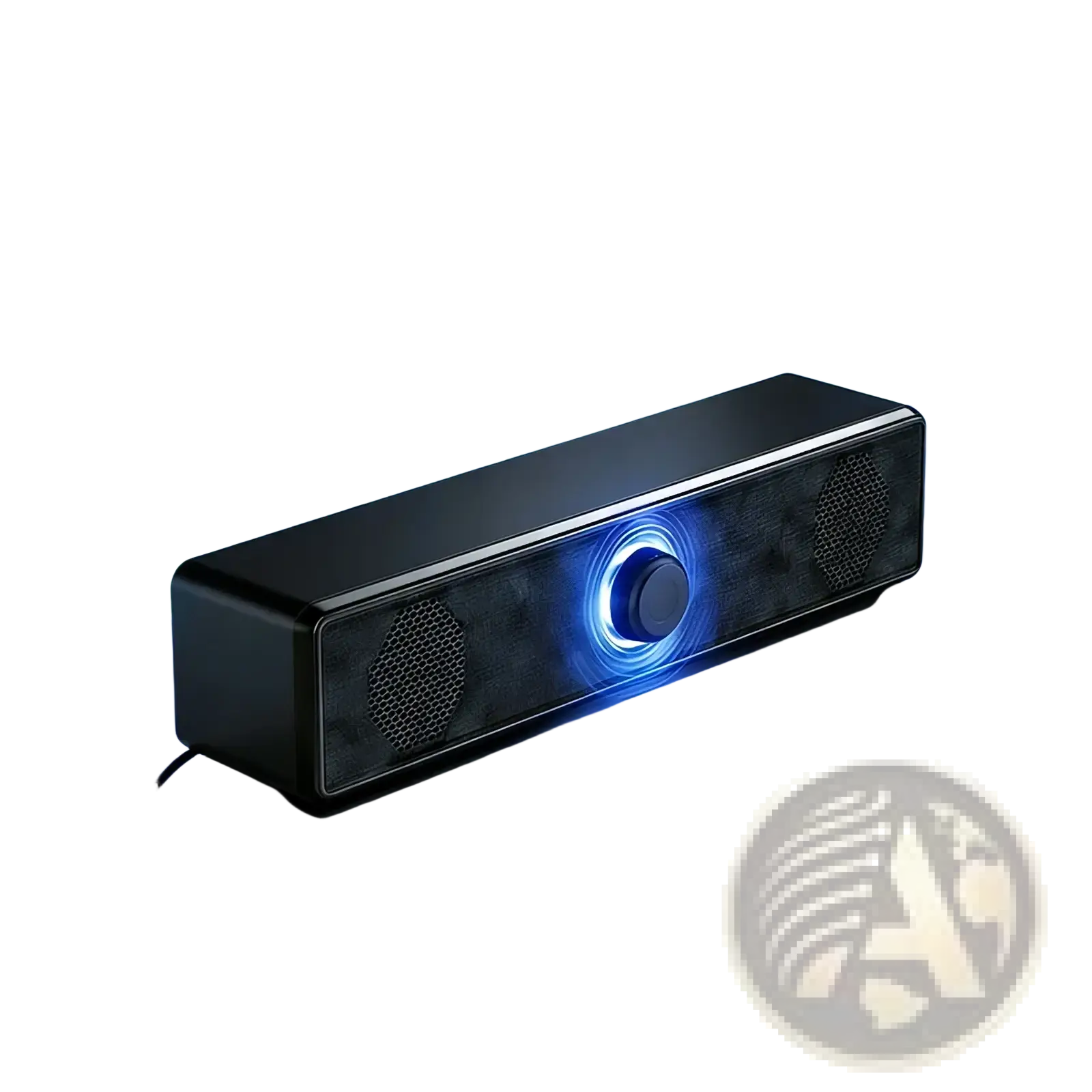 Black rectangular pc soundbar bluetooth wireless usb desktop speaker with central glowing blue control knob and mesh speakers