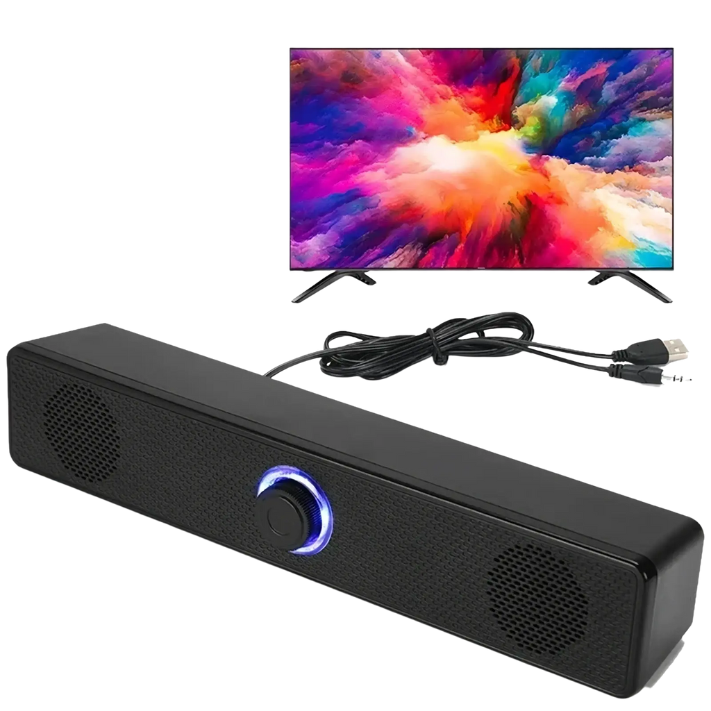 Black rectangular pc soundbar with textured surface blue illuminated control knob and dual speaker grilles for desktop use