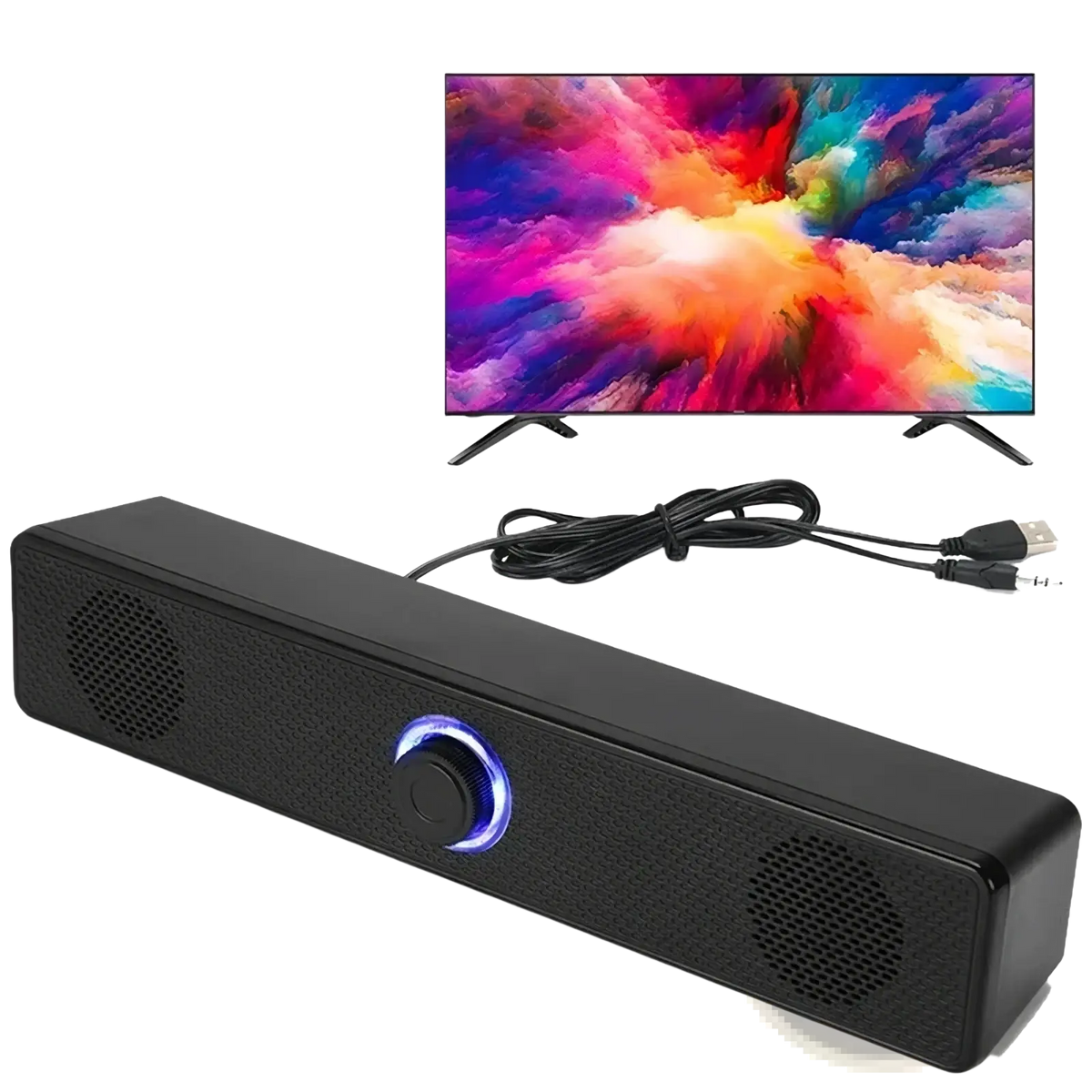 Black rectangular pc soundbar with textured surface blue illuminated control knob and dual speaker grilles for desktop use