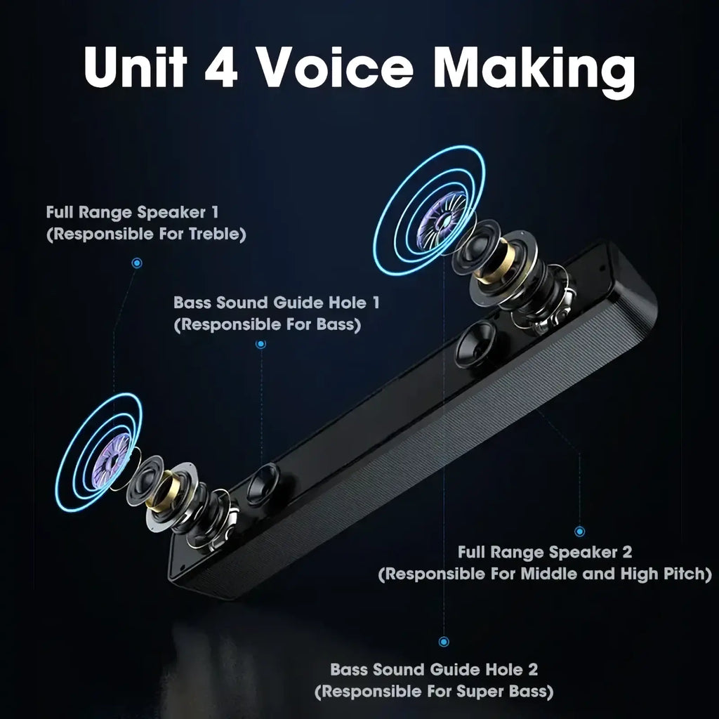 Black rectangular pc soundbar bluetooth wireless usb desktop speaker with two full-range speakers and dual bass holes