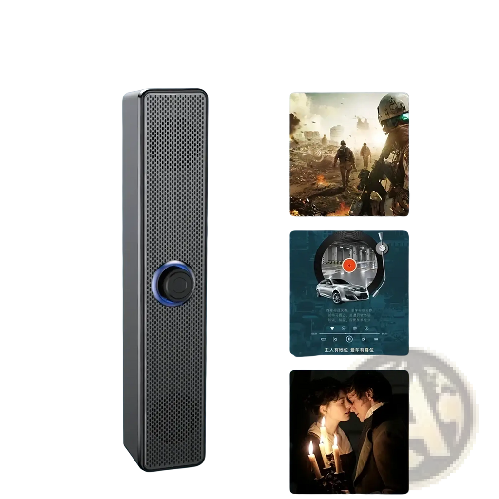 Black rectangular pc soundbar wireless bluetooth usb desktop speaker with perforated grille and blue circular button